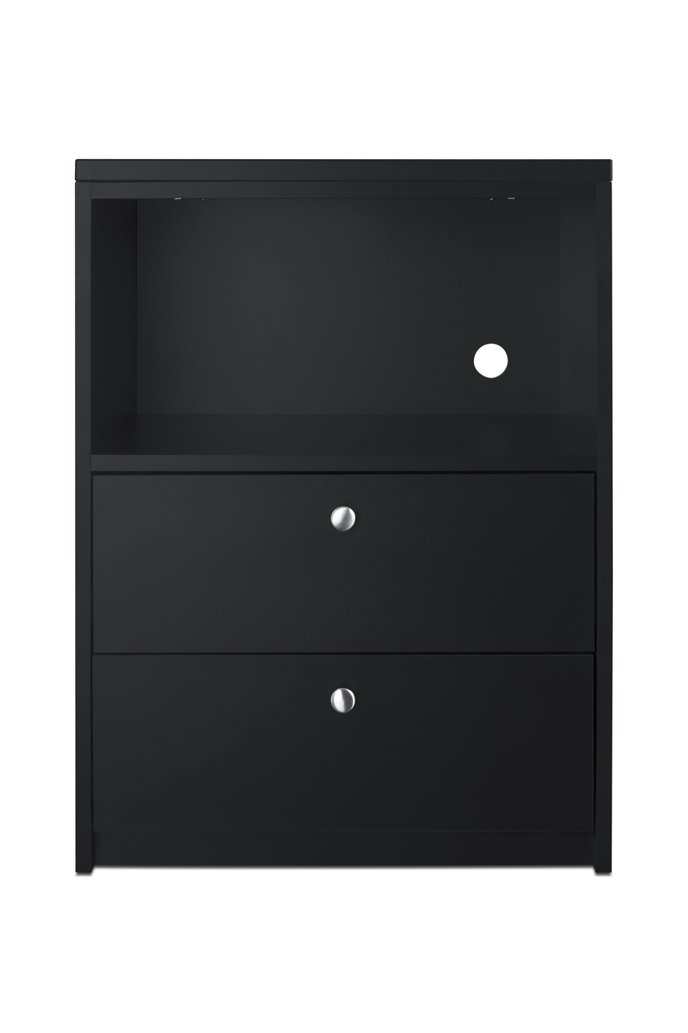 Fully assembled casework cabinet with two storage drawers in ADA compliant height and black finish designed to accept compact microwaves